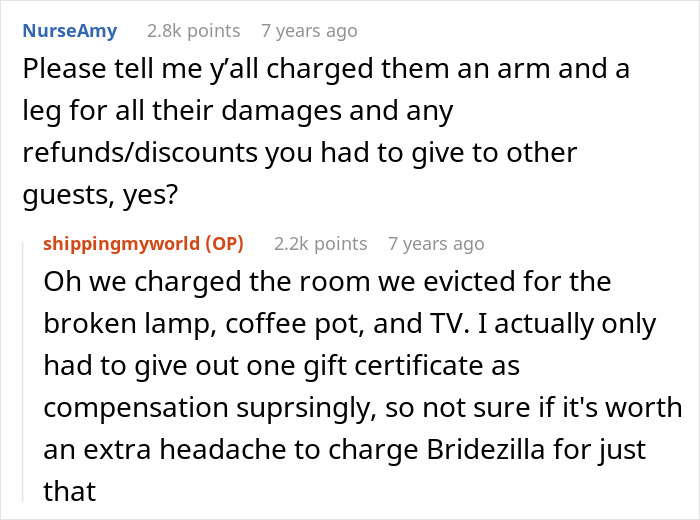 Online discussion thread about whether a bridezilla ruins hotel rooms who caused damage was charged.