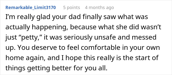 A comment expressing support after a husband files for divorce when a woman throws away stepchild's food.