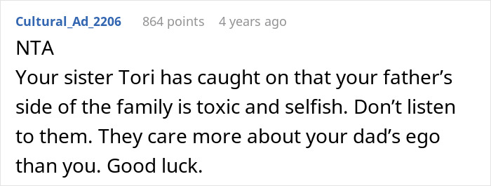 Online comment supporting a daughter who did not let her dad take credit for paying for her classes. Online comment supporting a daughter who did not let her dad take credit for paying for her classes.