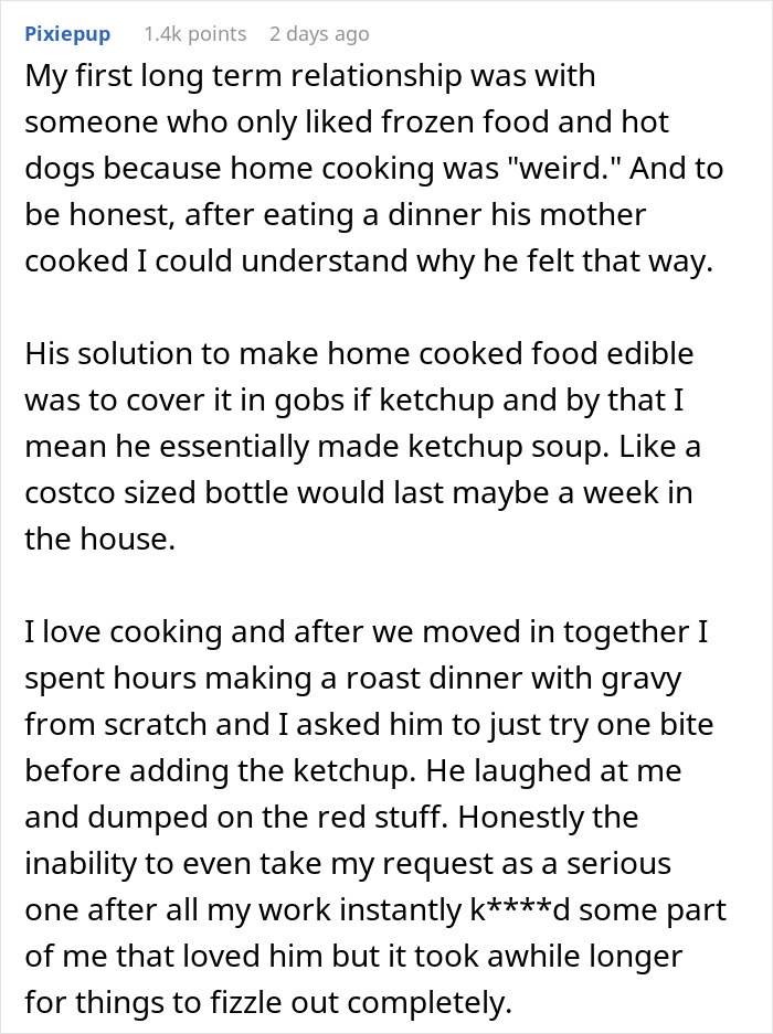 User story about food preferences and relationship dynamic strain over home cooking. User story about food preferences and relationship dynamic strain over home cooking.