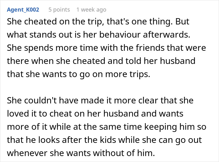 A online comment discussing infidelity after a girls trip and a husband sensing something is off.