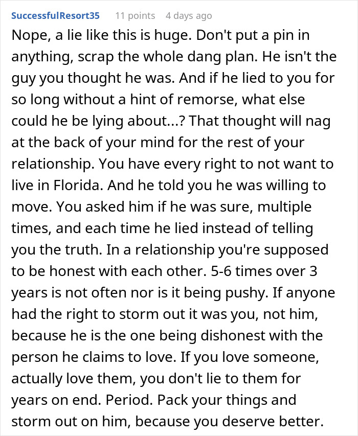 Detailed comment urging someone to leave after a long-term lie ruined wedding plans. Detailed comment urging someone to leave after a long-term lie ruined wedding plans.