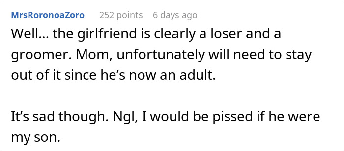 A user comment criticizing the girlfriend in a post about a mom losing sleep over her son's girlfriend. A user comment criticizing the girlfriend in a post about a mom losing sleep over her son's girlfriend.