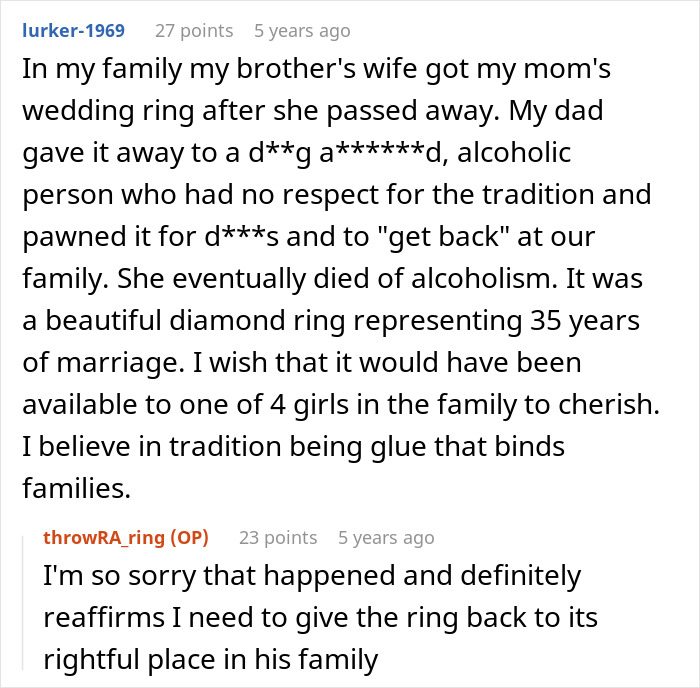 Reddit comment discussion about returning a precious family heirloom ring after many years. Reddit comment discussion about returning a precious family heirloom ring after many years.