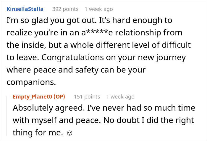 Online comments showing support for a person who left a difficult relationship to find peace.