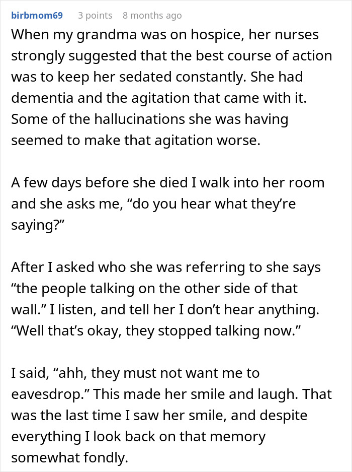 Social media comment describing end-of-life conversations and comforting hospice experiences. Social media comment describing end-of-life conversations and comforting hospice experiences.