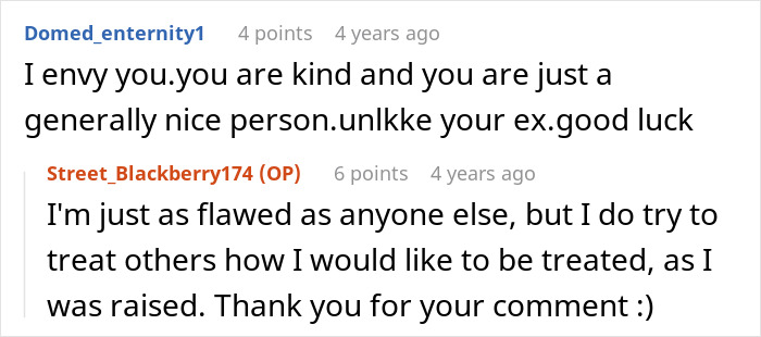 Online comment thread discussing kind behavior after engagement fell apart.