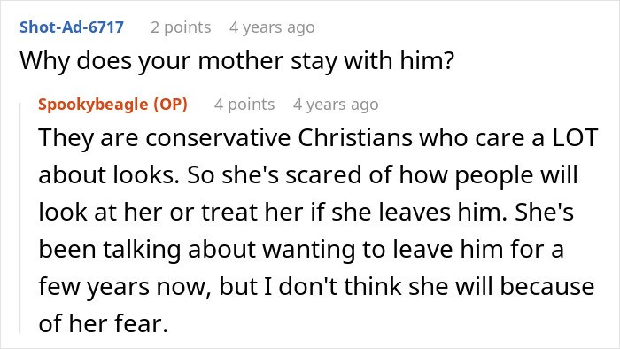 A Reddit comment thread explaining why a mother stays with a difficult dad despite clear boundary issues. A Reddit comment thread explaining why a mother stays with a difficult dad despite clear boundary issues.