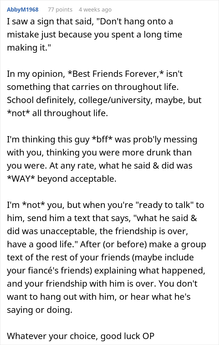A comment advising to end the friendship after a guy waited 20 years to tell bestie he loves her A comment advising to end the friendship after a guy waited 20 years to tell bestie he loves her