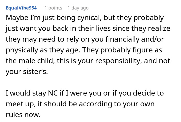 Online discussion post speculating why parents suddenly want a relationship after being cut off. Online discussion post speculating why parents suddenly want a relationship after being cut off.