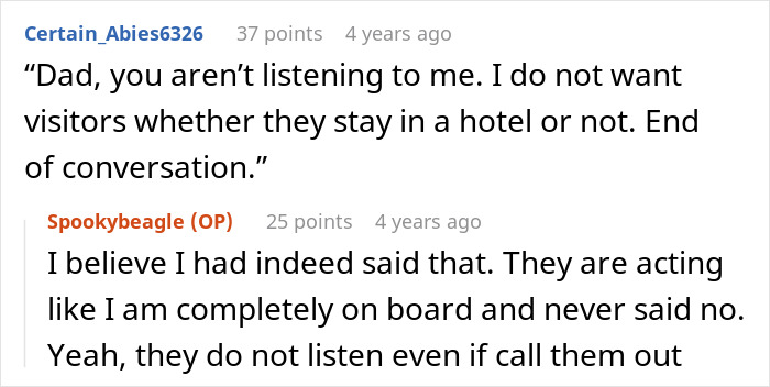 A Reddit thread comment showing a woman sets a clear boundary with her father who does not listen. A Reddit thread comment showing a woman sets a clear boundary with her father who does not listen.