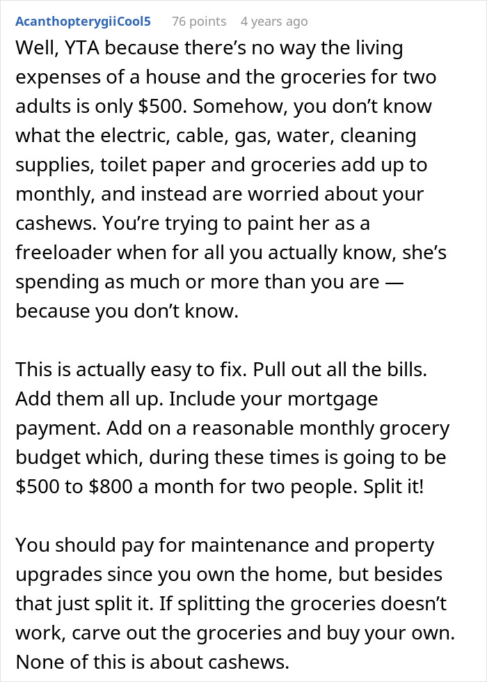 A screenshot of a forum comment detailing how to budget groceries and olive oil expenses A screenshot of a forum comment detailing how to budget groceries and olive oil expenses