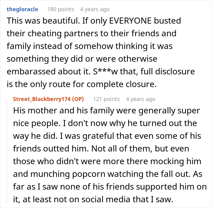 Reddit comment discussion on outing a cheating partner to family and friends after a broken engagement.