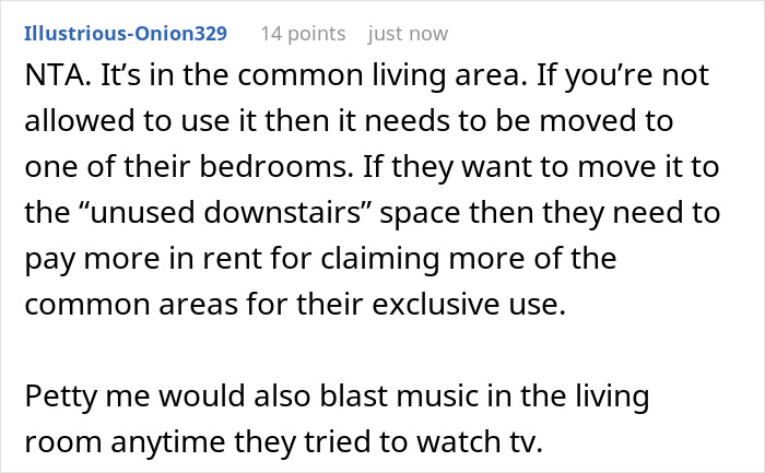 A Reddit post about roommates reserving the common area for watching TV and claiming common areas A Reddit post about roommates reserving the common area for watching TV and claiming common areas
