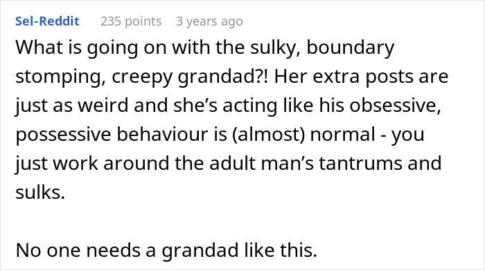 A Reddit comment about a grandfather stomping on a boundary set by a woman before giving birth. A Reddit comment about a grandfather stomping on a boundary set by a woman before giving birth.