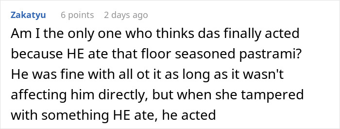 Reddit comment discussing a husband reacting to food being thrown away by his wife.