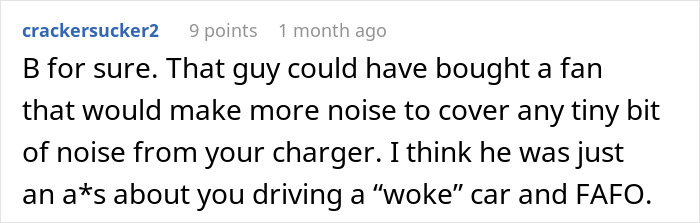 Comment criticizing man over noise from EV charger and calling him a troll Comment criticizing man over noise from EV charger and calling him a troll
