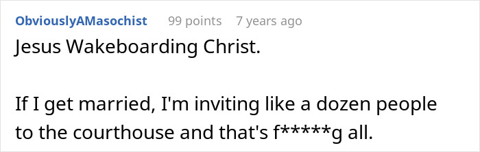 A comment reacting to a bridezilla ruins hotel rooms post, stating they would prefer a simple courthouse wedding.
