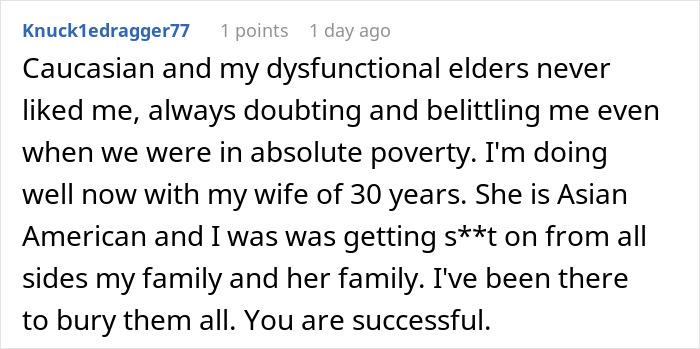 Comment from a user sharing a story about family doubts, related to parents who dismissed son achievements. Comment from a user sharing a story about family doubts, related to parents who dismissed son achievements.