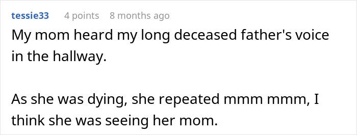 A text post discussing end-of-life conversations where a mother heard a deceased family member's voice A text post discussing end-of-life conversations where a mother heard a deceased family member's voice