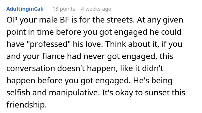 Online reaction pointing out a guy who waits 20 years to tell bestie he loves her is being selfish. Online reaction pointing out a guy who waits 20 years to tell bestie he loves her is being selfish.