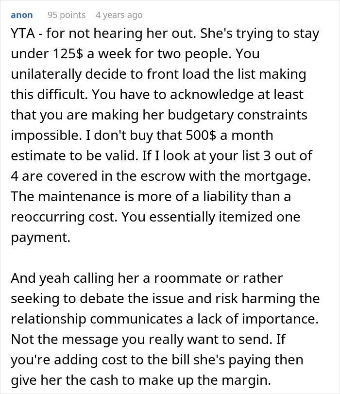 A Reddit comment calling the user out for not understanding his girlfriend's budget A Reddit comment calling the user out for not understanding his girlfriend's budget