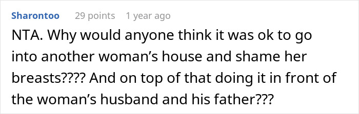 Social media comment criticizing a MIL who shames DIL for not wearing a bra at home in front of family.