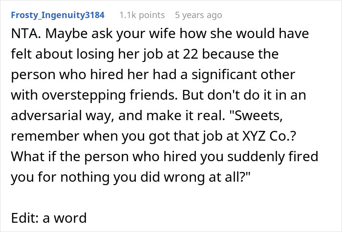 Reddit comment asking how the wife would feel being fired from her job at 22 Reddit comment asking how the wife would feel being fired from her job at 22