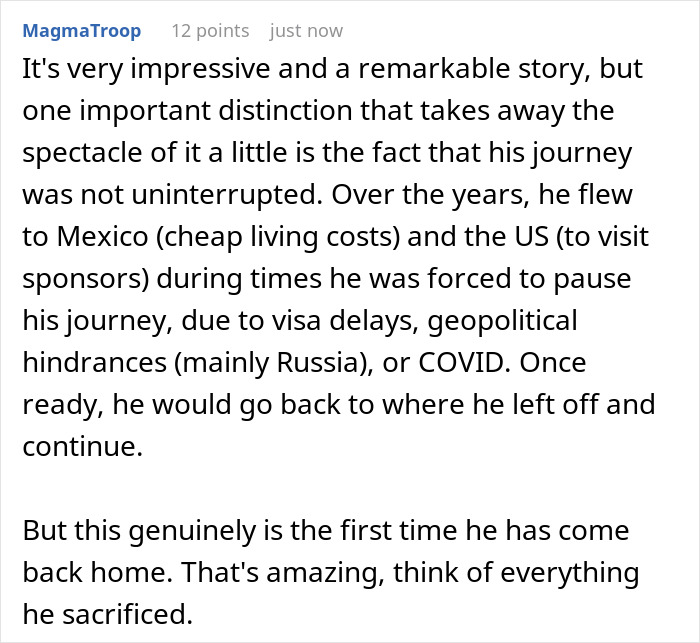 Comment discussing details about a man on a journey who goes for a walk across 29 countries Comment discussing details about a man on a journey who goes for a walk across 29 countries
