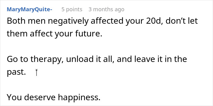 Supportive comment encouraging a woman uncovering lies about her ex to seek therapy and move forward with her life. Supportive comment encouraging a woman uncovering lies about her ex to seek therapy and move forward with her life.