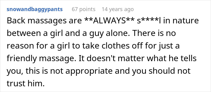 Online comment advising a woman whose boyfriend claims a back massage with another girl is friendly. Online comment advising a woman whose boyfriend claims a back massage with another girl is friendly.