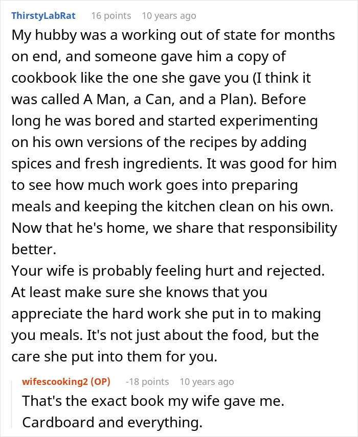 Online discussion thread about a man dislikes his wife cultural cuisine and cooking cookbooks. Online discussion thread about a man dislikes his wife cultural cuisine and cooking cookbooks.