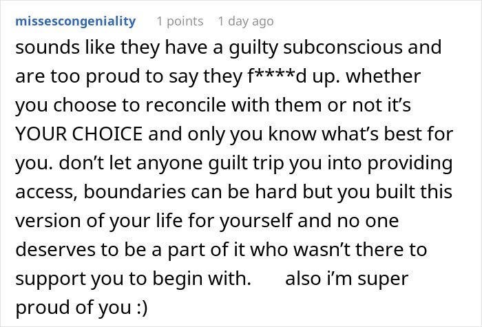 A comment about setting boundaries with parents who dismiss son's achievements for years. A comment about setting boundaries with parents who dismiss son's achievements for years.