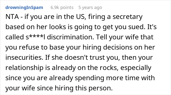 Comment discussing the legal issues of firing an assistant based on looks Comment discussing the legal issues of firing an assistant based on looks