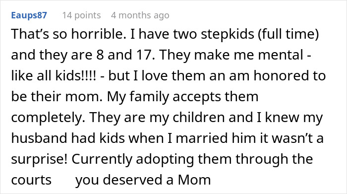 A comment supporting a stepchild's experience, relevant to a woman throwing away stepchild's food.
