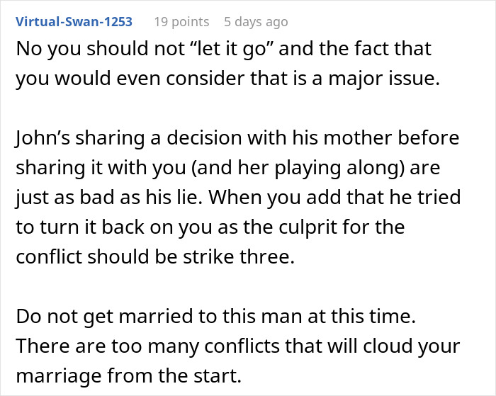 An online comment advising against getting married due to fiancé lies and mother-in-law conflict. An online comment advising against getting married due to fiancé lies and mother-in-law conflict.