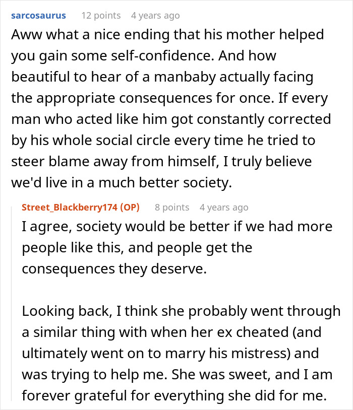 A Reddit thread discussing a petty revenge story where a user thanks an ex-fiance mother for her help.