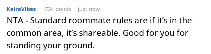 Reddit comment about common area sharing rules after a woman was banned by roommates from watching TV. Reddit comment about common area sharing rules after a woman was banned by roommates from watching TV.