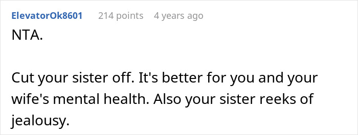 A Reddit comment advising the husband to control his wife by cutting the sister off for mental health. A Reddit comment advising the husband to control his wife by cutting the sister off for mental health.