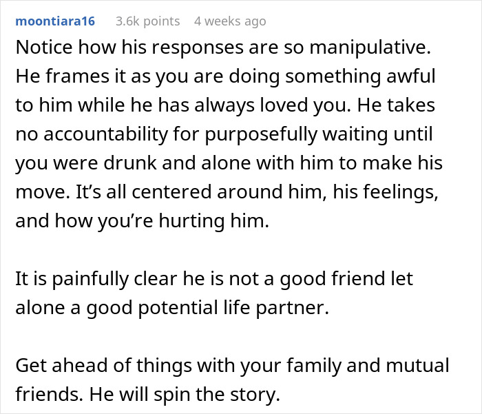A comment describing manipulative actions of a bestie who waits 20 years to confess love on engagement day A comment describing manipulative actions of a bestie who waits 20 years to confess love on engagement day