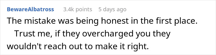 A screenshot of a comment about a mistake and being honest with Walmart. A screenshot of a comment about a mistake and being honest with Walmart.