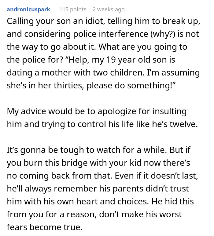 Online comment advising a mom on her son's GF, emphasizing not to involve the police with a 19-year-old adult. Online comment advising a mom on her son's GF, emphasizing not to involve the police with a 19-year-old adult.