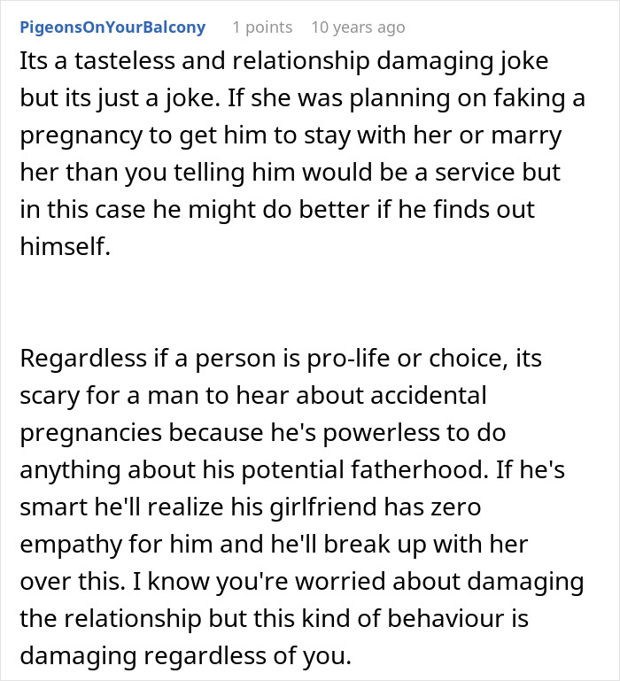 An online comment discussing relationship damage caused when a woman tricks her BF into believing she is pregnant. An online comment discussing relationship damage caused when a woman tricks her BF into believing she is pregnant.