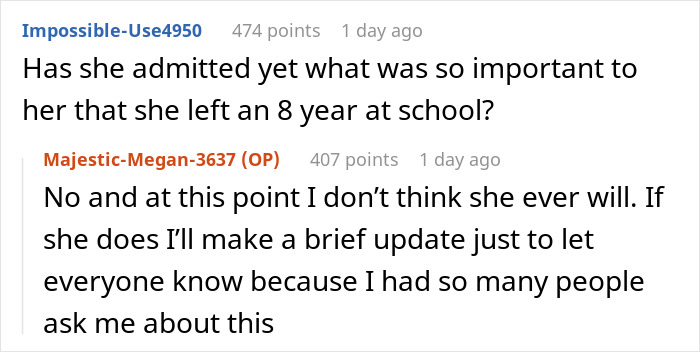 Reddit comment asking why the aunt leaves 8YO niece alone at school without giving a reason. Reddit comment asking why the aunt leaves 8YO niece alone at school without giving a reason.