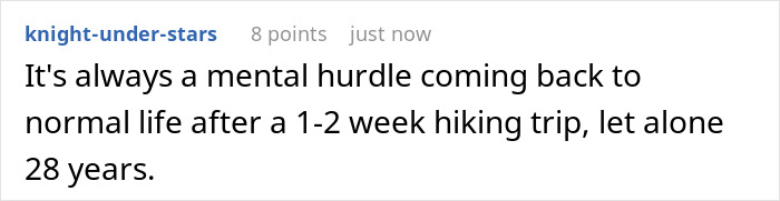 User comment comparing a regular hiking trip to the man who goes for a walk spanning 28 years User comment comparing a regular hiking trip to the man who goes for a walk spanning 28 years