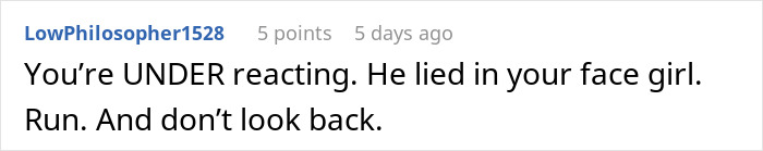 Online comment urging someone to leave after discovering their fiancé's deceit. Online comment urging someone to leave after discovering their fiancé's deceit.