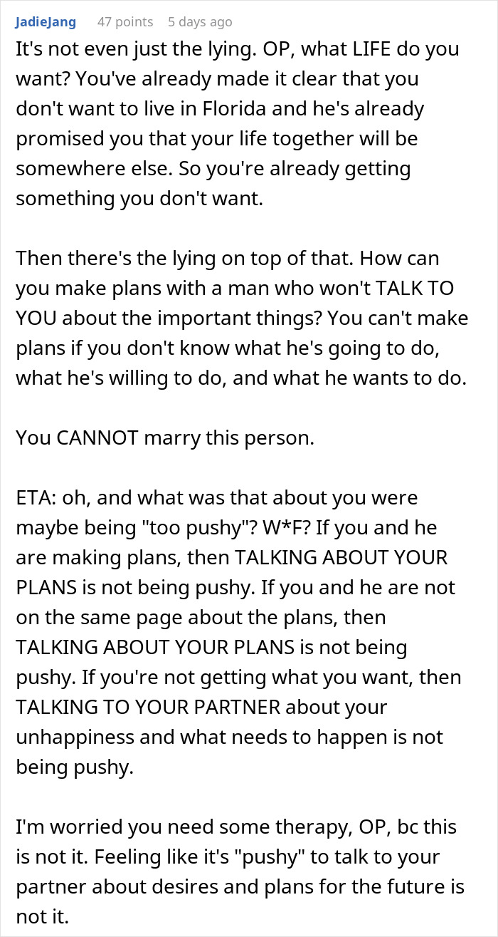 Detailed comment about communication and future plans when dealing with a fiancé’s lie prior to getting married. Detailed comment about communication and future plans when dealing with a fiancé’s lie prior to getting married.
