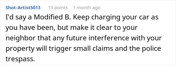 Suggestion to continue EV charging and warn neighbor about legal consequences Suggestion to continue EV charging and warn neighbor about legal consequences