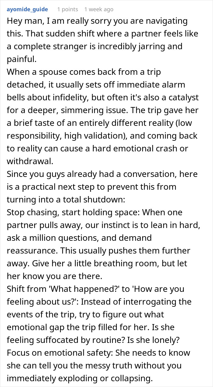 Online relationship advice for a husband sensing an unexpected turn after a girls trip