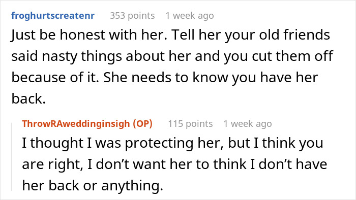 Text exchange advising honesty about friends cutting off over fiancee Text exchange advising honesty about friends cutting off over fiancee